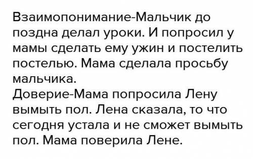 Задание 3. Смоделируйте семейные ситуации, в которых бы проявились: взаимопонимание;доверие;мудрость