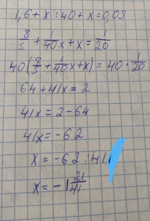 Решите , с обьеснением:1,6 + x ÷ 40 + x = 0,05​