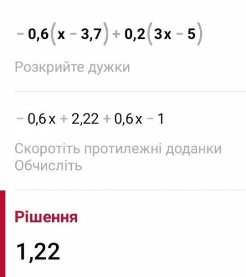 Значення виразу -0,6( x-3,7)+0,2(3x-5)