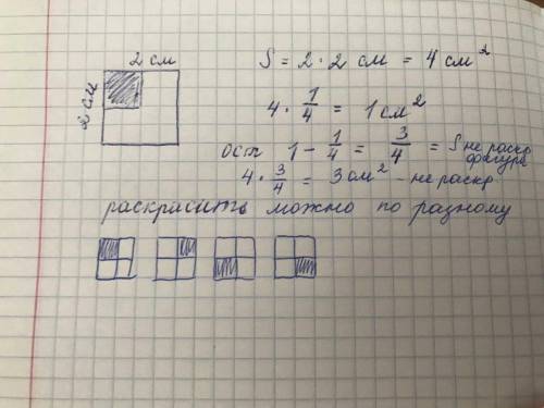 Начерти квадрат, площадь 4 см2. Раскрась его четвёртую часть. Покажи, как это можно сделать квадратн