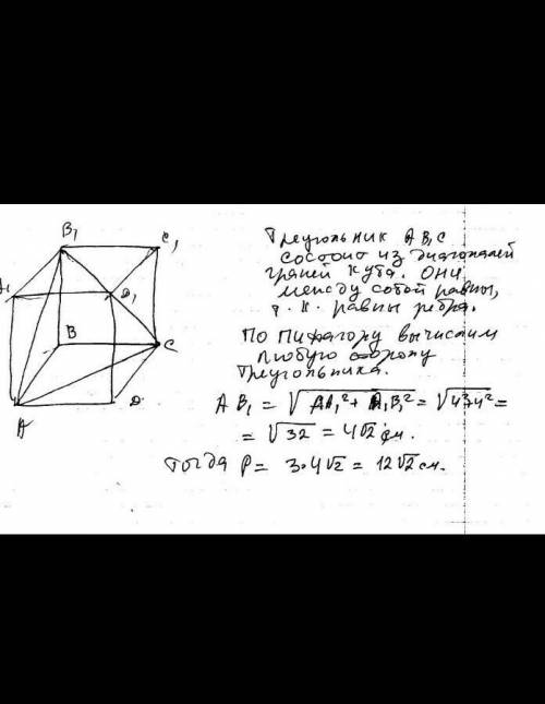 Ребро куба, изображенного на рис.12 а) 4 см; б)8 см. найдите периметр треугольника ab1c и площадь тр