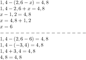 1,4-(2,6-x)=4,8\\1,4-2,6+x=4,8\\x-1,2=4,8\\x=4,8+1,2\\x=6\\-----------------\\1,4-(2,6-6)=4,8\\1,4-(-3,4)=4,8\\1,4+3,4=4,8\\4,8=4,8