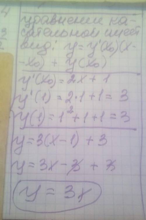 Знайдіть рівняння дотичної до графіка функції f(x)=x^2+x+1 у точці з абсцисою x(нульове)=1