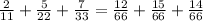 \frac{2}{11} + \frac{5}{22} + \frac{7}{33} = \frac{12}{66} + \frac{15}{66} + \frac{14}{66}