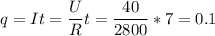 q = It = \dfrac U R t = \dfrac{40}{2800}*7 = 0.1~