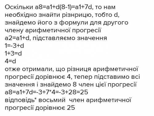 Перший член арифметичної прогресії дорівнюс -3, а другий дорівнює 1. Знайдіть восьмий член про гресі