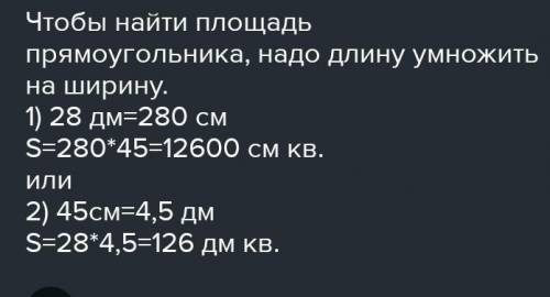 Найдите площадь прямоугольника, если его длина 28 дм, а ширина 45см.​