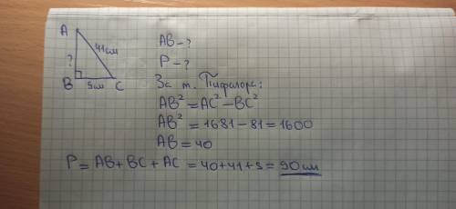 В прямоугольном треугольнике гипотинуза равна 41 см а один из катетов 9 см найдите периметр треуголь