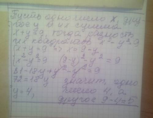 4. Разность квадратов двух чисел равна 9, и сумма этих чисел равна 9. Найдитеэти числа.​