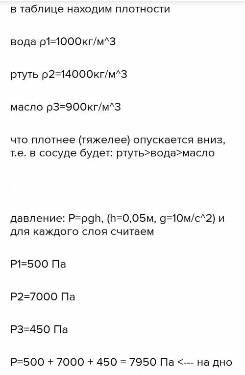 Задание 1: В стеклянном сосуде находится один над другим три слоя несмешивающихся жидкостей: бензина