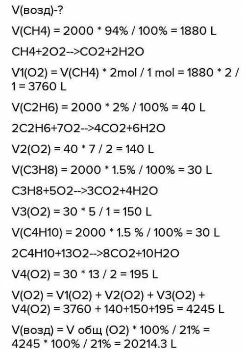 природний газ одного родовищу об'ємом 3,5 л має 98% метану 1,5% етану 0,2% пропану та 0,3% не горючи