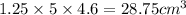 1.25 \times 5 \times 4.6 = 28.75 {cm}^{3}