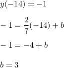 \displaystyle y(-14)=-1\\\\-1=\frac{2}{7}(-14)+b\\\\-1=-4+b\\\\ b=3