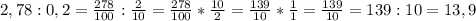 2,78:0,2=\frac{278}{100}:\frac{2}{10}=\frac{278}{100}*\frac{10}{2}=\frac{139}{10}*\frac{1}{1}=\frac{139}{10}=139:10=13,9