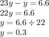 23y - y = 6.6 \\ 22y = 6.6 \\ y = 6.6 \div 22 \\ y = 0.3