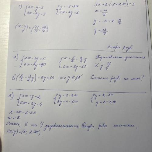 З'ясуйте кількість розв'язків системи рівнянь: 1) 2x-y=5 3x+2y=1 ;2) 2x+3y=5 6x+9y=10 ;3) 3x+y=2 6x