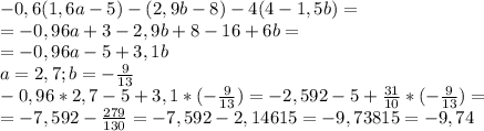 -0,6(1,6a -5) -(2,9b-8) -4(4-1,5b)=\\=-0,96a+3-2,9b+8-16+6b=\\=-0,96a-5+3,1b\\a=2,7 ;b=-\frac{9}{13} \\-0,96*2,7-5+3,1*(-\frac{9}{13})=-2,592-5+\frac{31}{10}* (-\frac{9}{13})=\\=-7,592-\frac{279}{130}=-7,592-2,14615=-9,73815 =-9,74