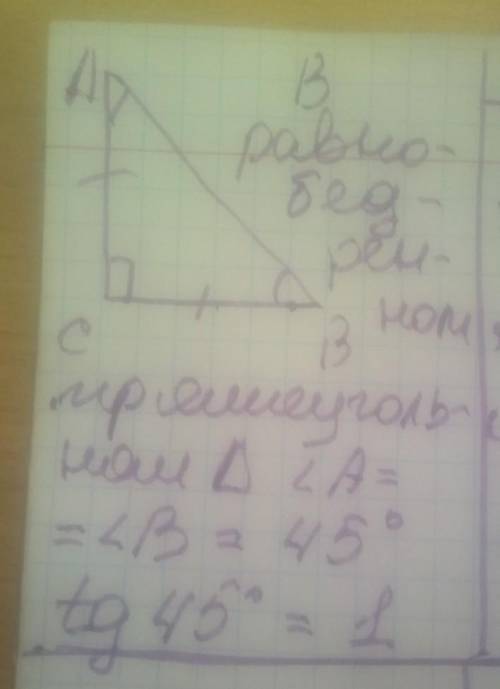 У рівнобедреному прямокутному трикутнику тангенс гострого кута дорівнює: