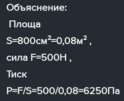 Який тиск створює сила 500H на площю 800см2