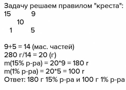 Необходима приготовить 280 г 10% раствора. Сколько 1) 15 и 2) 1% раствора надо взять и смешать?