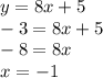 y=8x+5\\-3=8x+5\\-8=8x\\x=-1