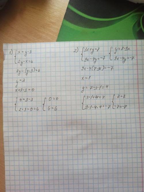 Решить системой подстановки 1){x=y-3. 2){3x+y=7 {2y-x=6. {9x-4y=-7​