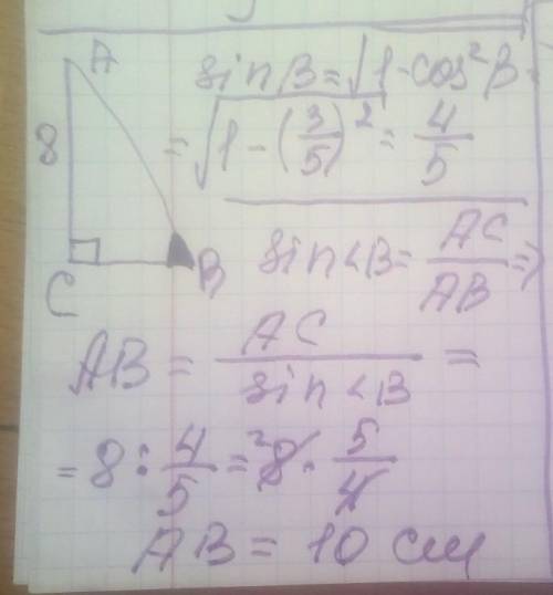 Знайдіть гіпотенузу АВ прямокутного трикутника АВС, якщо АС=8см, cos<В=3\5