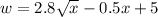 w = 2.8\sqrt{x} - 0.5x + 5