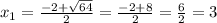 x_{1} = \frac{-2+\sqrt{64} }{2} = \frac{-2+8}{2} = \frac{6}{2} =3