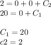 2 = 0 + 0 + C_2 \\ 20 = 0 + C_1 \\ \\ C_1 = 20 \\ c2 = 2