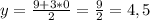 y = \frac{9 + 3 * 0}{2} =\frac{9}{2} = 4,5