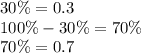 30\% = 0.3 \\ 100\% - 30\% = 70\% \\ 70\% = 0.7