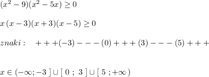 (x^2-9)(x^2-5x)\geq 0\\\\x\, (x-3)(x+3)(x-5)\geq 0\\\\znaki:\ \ \ +++(-3)---(0)+++(3)---(5)+++\\\\\\x\in (-\infty ;-3\ ]\cup [\ 0\ ;\ 3\ ]\cup [\ 5\ ;+\infty \, )