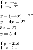 \left \{ {{y=-4x} \atop {x-y=27}} \right.\\\\x-(-4x)=27\\x+4x=27\\5x=27\\x=5,4\\\\\left \{ {{y=-21,6} \atop {x=5,4}} \right.