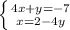 \left \{ {{4x+y=-7} \atop {x=2-4y}} \right.