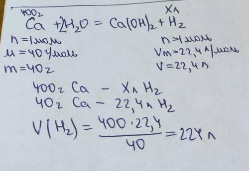 При взаємодії 400г кальцію з водою виділився водень.Обчисліть його об'єм! ів​
