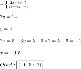 -\left \{ {{2x+3y=5} \atop {2x-4y=-9}} \right.\\ ------\\7y=14\\\\y=2\\\\2x=5-3y=5-3*2=5-6=-1\\\\x=-0,5\\\\Otvet:\boxed{(-0,5 \ ; \ 2)}