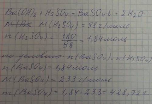 Яка маса солі утвориться привзаємодії ,180 г сульфатної кислоти згідроксидом барію.​