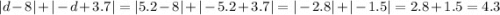 |d - 8| + | - d + 3.7| = |5.2 - 8| + | - 5.2 + 3.7| = | - 2.8| + | - 1.5| = 2.8 + 1.5 = 4.3