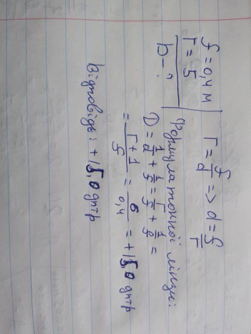 Зображення предмета, віддаленого від збиральної лінзи на відстань 0,4 м, більше від предмета в 5 раз