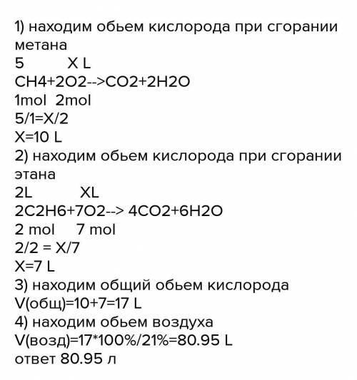 Сколько потребуется воздуха при сгорании 5 литров этана,если массовая доля кислорода в воздухе 21%​