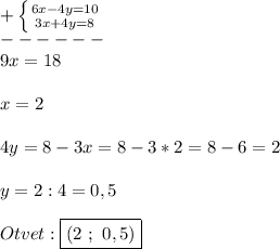 +\left \{ {{6x-4y=10} \atop {3x+4y=8}} \right.\\------\\9x=18\\\\x=2\\\\4y=8-3x=8-3*2=8-6=2\\\\y=2:4=0,5\\\\Otvet:\boxed{(2 \ ; \ 0,5)}