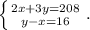 \left \{ {{2x+3y=208} \atop {y-x=16}} \right. .