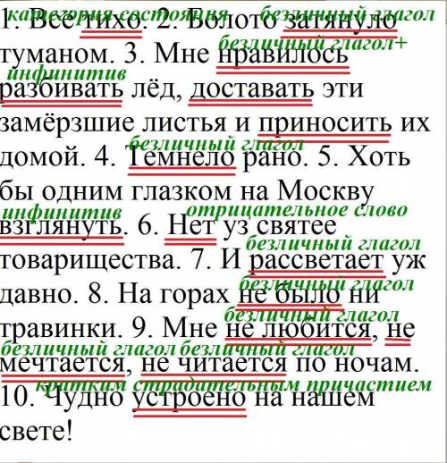 Подчеркните грамматические основы. Укажите выражения главного члена. 1. Всё тихо. 2. Болото затянуло