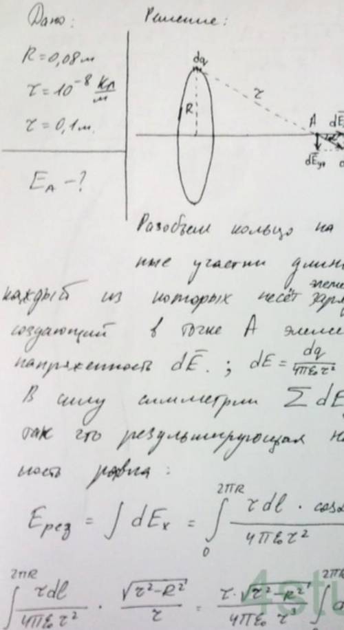 Тонкое кольцо радиусом 8 см имеет равномерно распределенный заряд с линейной плотностью t = 6 мкКл /