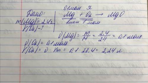 Який об'єм кисню н. у. прореагує з магнієм 2,4г?​