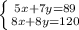 \left \{ {{5x + 7y = 89} \atop {8x + 8y = 120}} \right.