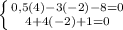 \left \{ {{0,5(4)-3(-2)-8=0} \atop {4+4(-2)+1=0}} \right.