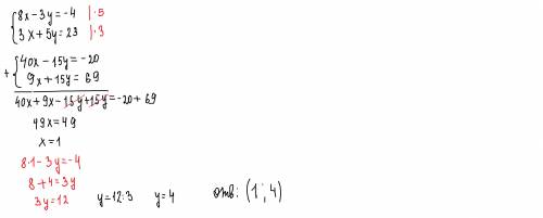 {8x - 3y = -4,{3x + 5y = 23Решить сложения​