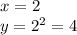 x = 2 \\ y = {2}^{2} = 4